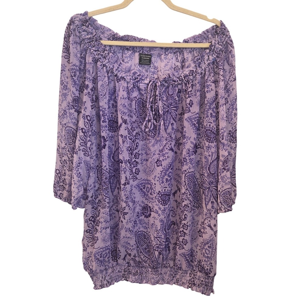 Faded Glory Purple Peasant Blouse Sheer Boho Floral Top Cottage Fairy 3X 22W-24W